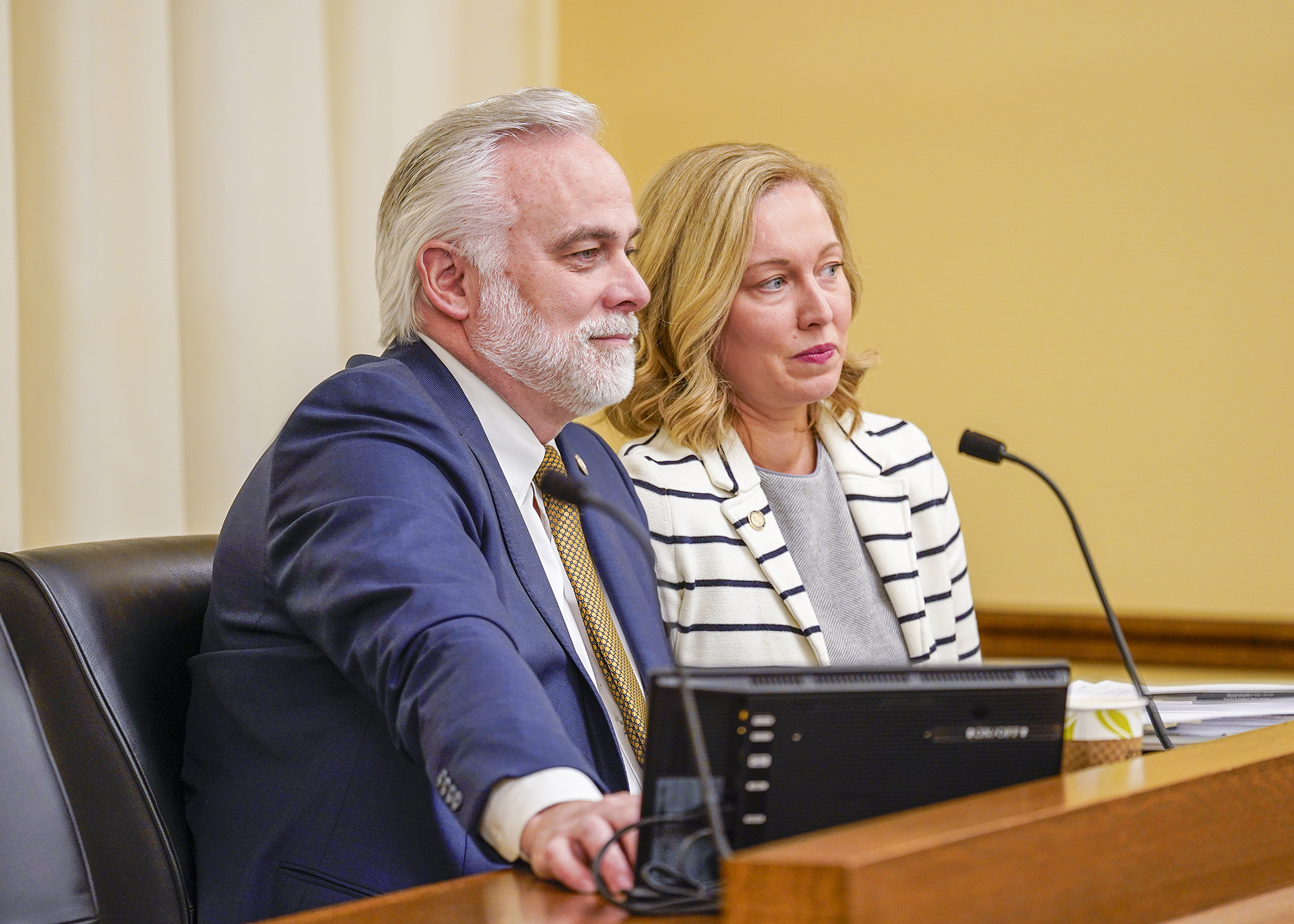 Rep. Heather Edelson and Rep. Tony Albright, the sponsor and a co-sponsor of HF2725, look on as the bill is passed out of the House Ways and Means Committee May 4. (Photo by Andrew VonBank)